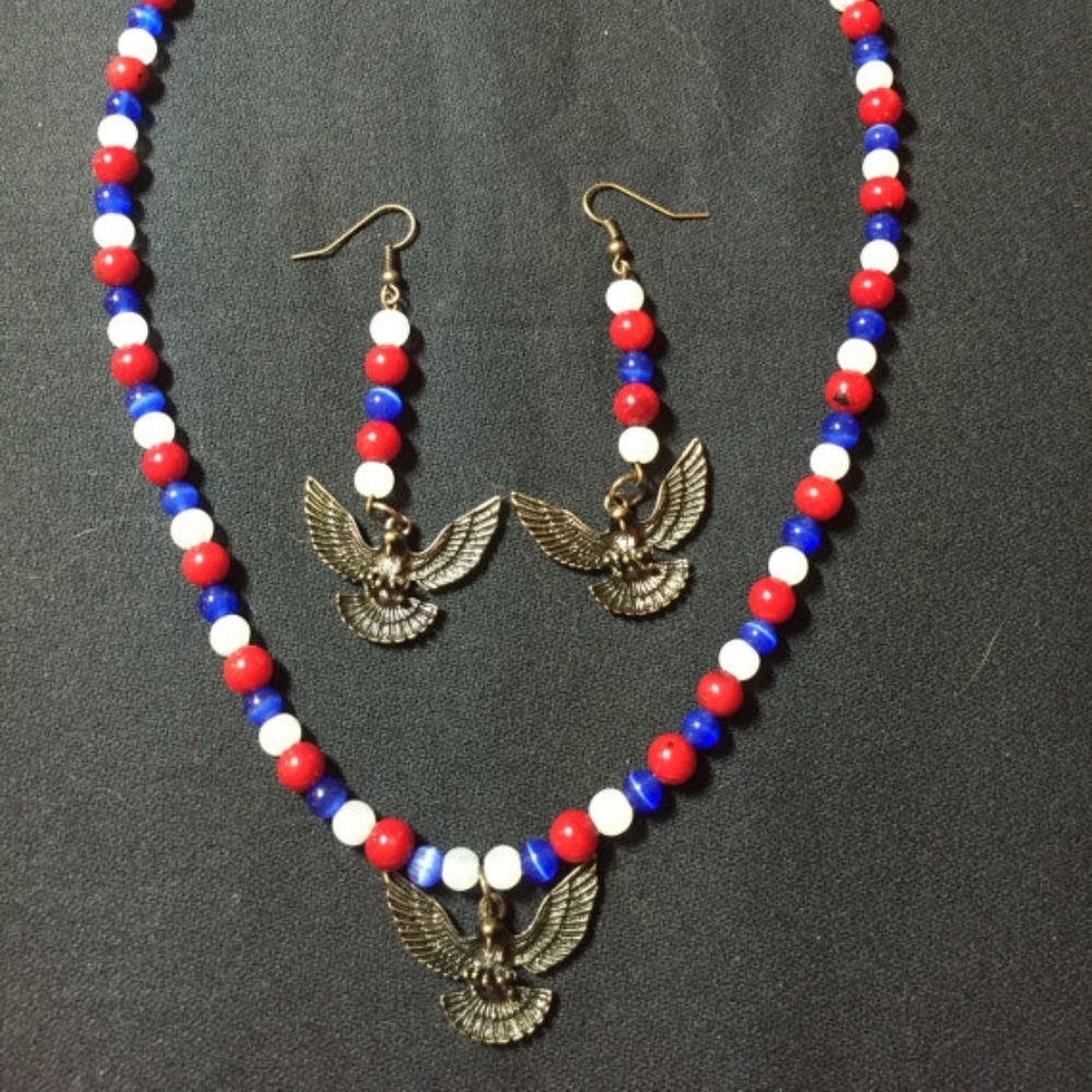 Patriotic America Eagle Red White Blue Jewelry Set